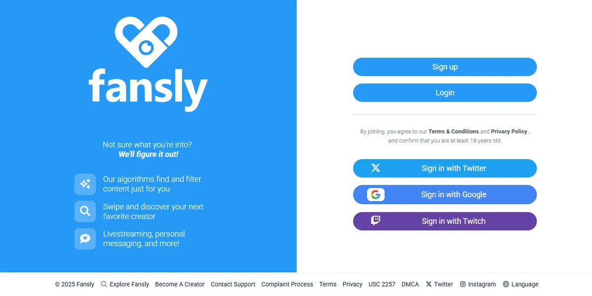 Fansly homepage with sign-up and login buttons and the tagline Not sure what you're into? We'll figure it out!