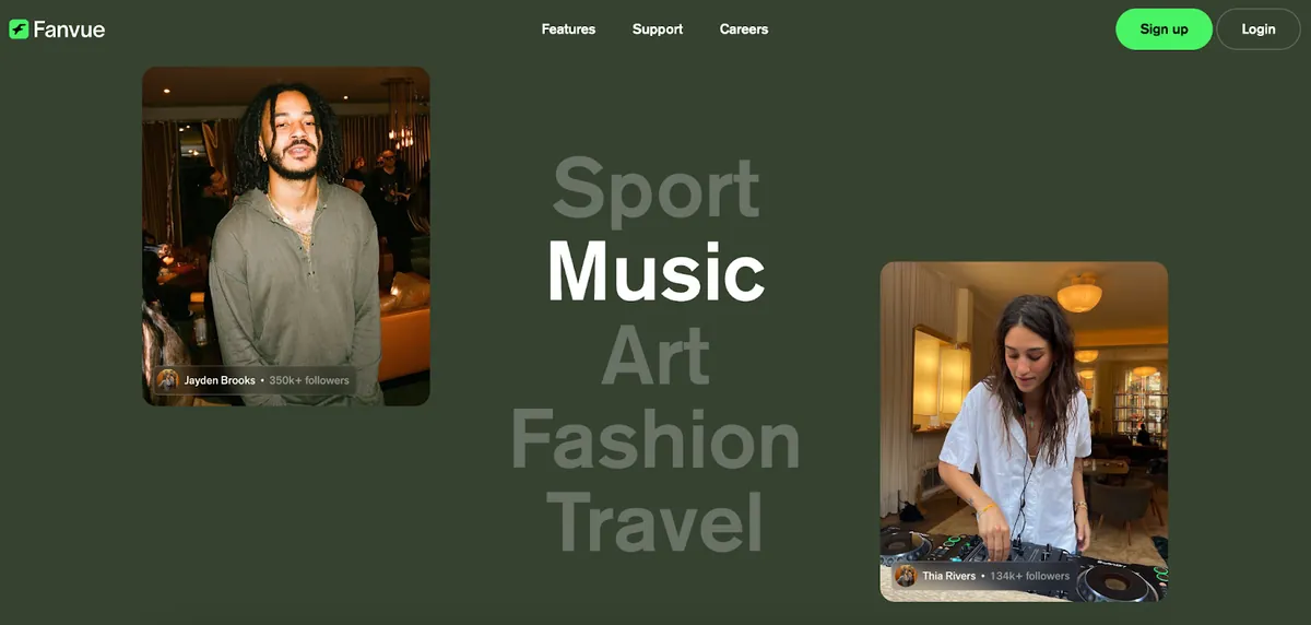 Fanvue homepage with the words Sport, Music, Art, Fashion, Travel between two creator photos