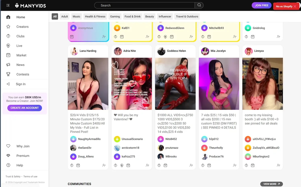 ManyVids homepage showing a grid of creator cards with clip price lists, and a sidebar with Creators, Clubs, Live and Market