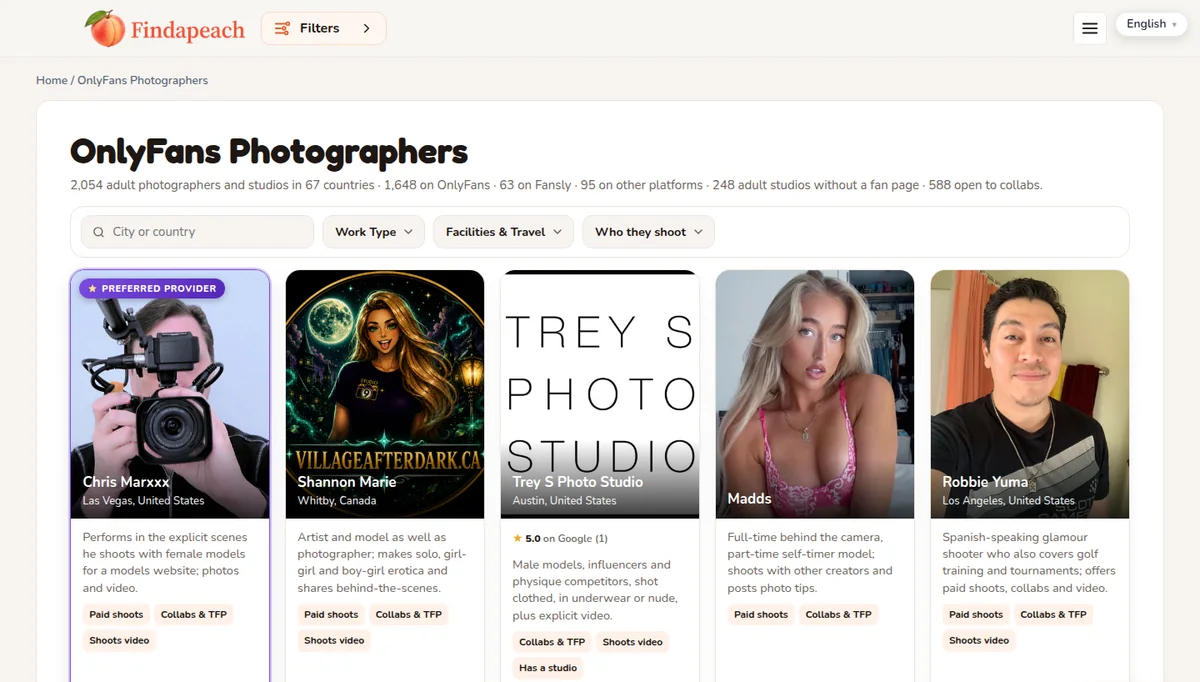 The OnlyFans Photographers directory: a location search box, three filters and a grid of photographer cards, the first with a violet Preferred Provider badge