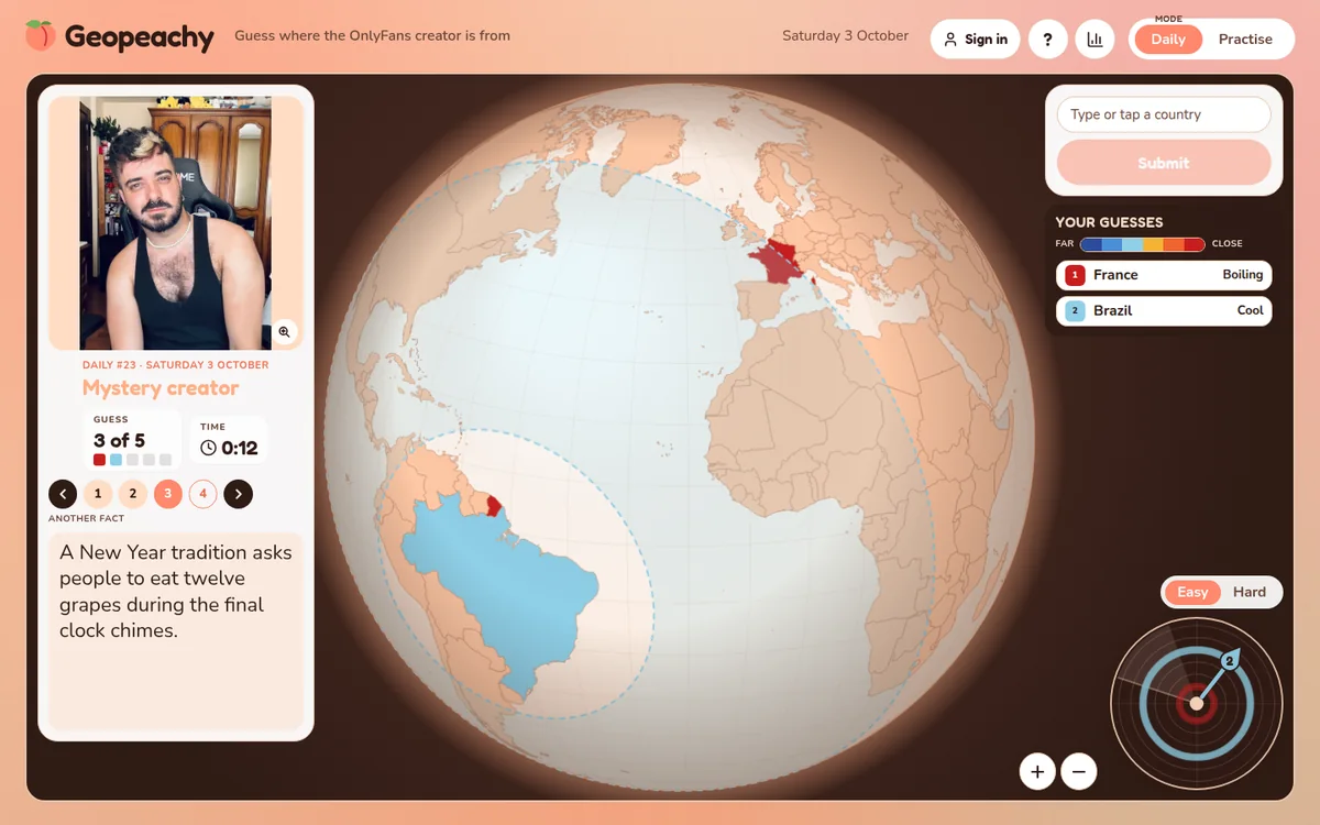 Geopeachy on a desktop: the creator's photo and a hint on the left, a globe with France and Brazil marked as wrong guesses, and the radar in the corner