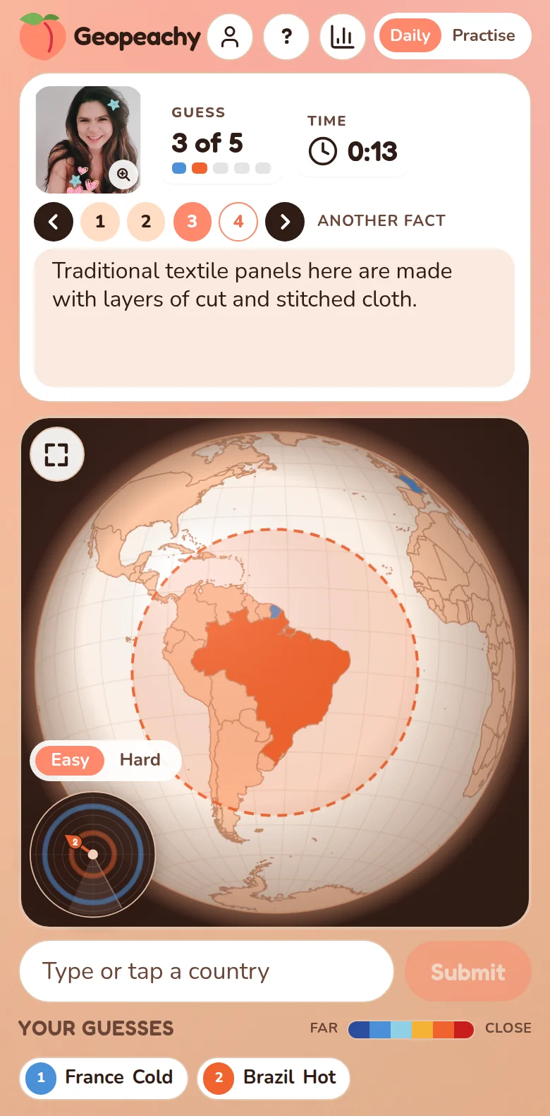 Geopeachy on a phone: creator photo, guess counter and timer at the top, a hint, the globe with a shaded band around Brazil, and the two guesses France (Cold) and Brazil (Hot)